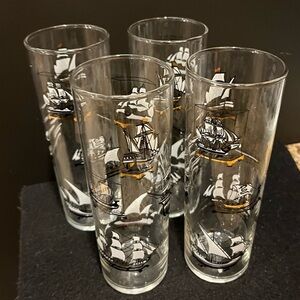 Vintage Libbey Nautical Tall Ship Design Hi Ball Glasses Set of 4